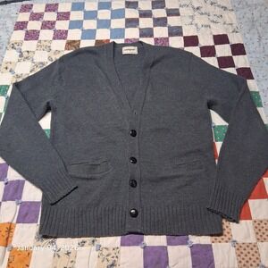 Vintage Campus Cardigan Sweater Mens Size Large Gray Deep V Neck 70s 80s